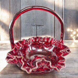 Fenton Ruby Red Glass Basket Bowl Ruffled Edge Amberina Vintage Decor